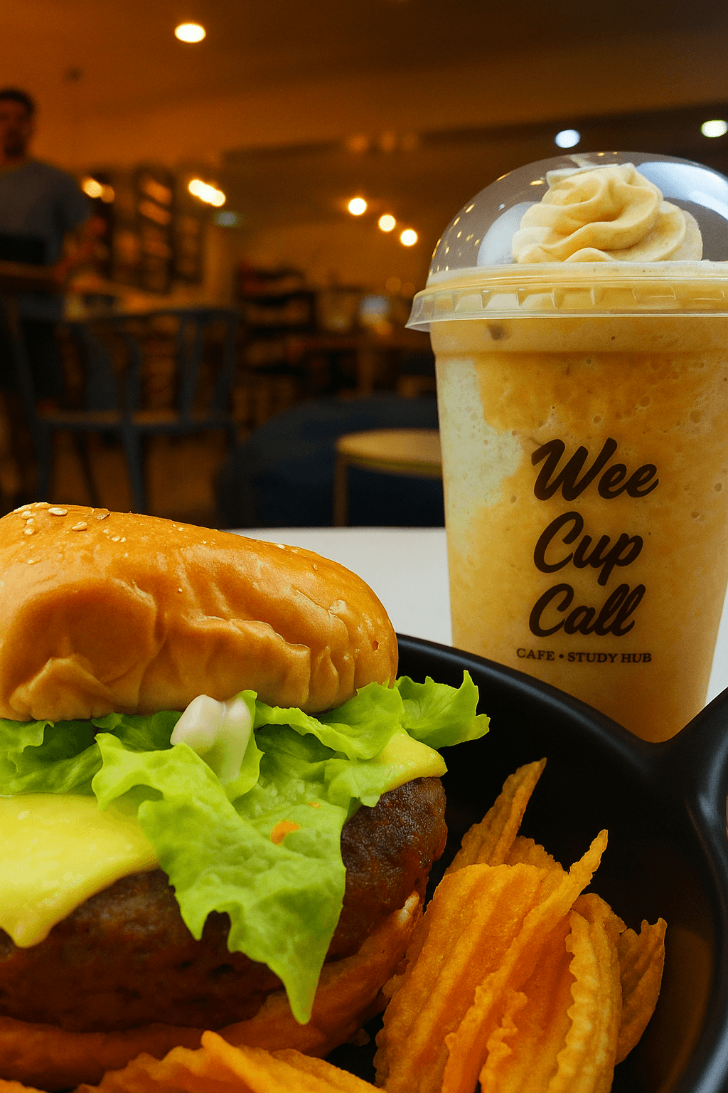 Burger and iced drink closeup